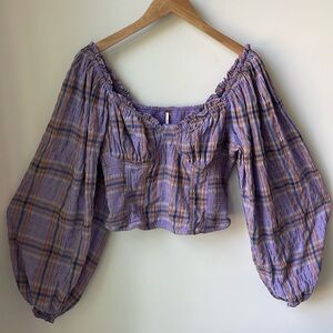Free People Cherry Bomb Madras Top In Lilac Smocked Panels, Cropped Size M